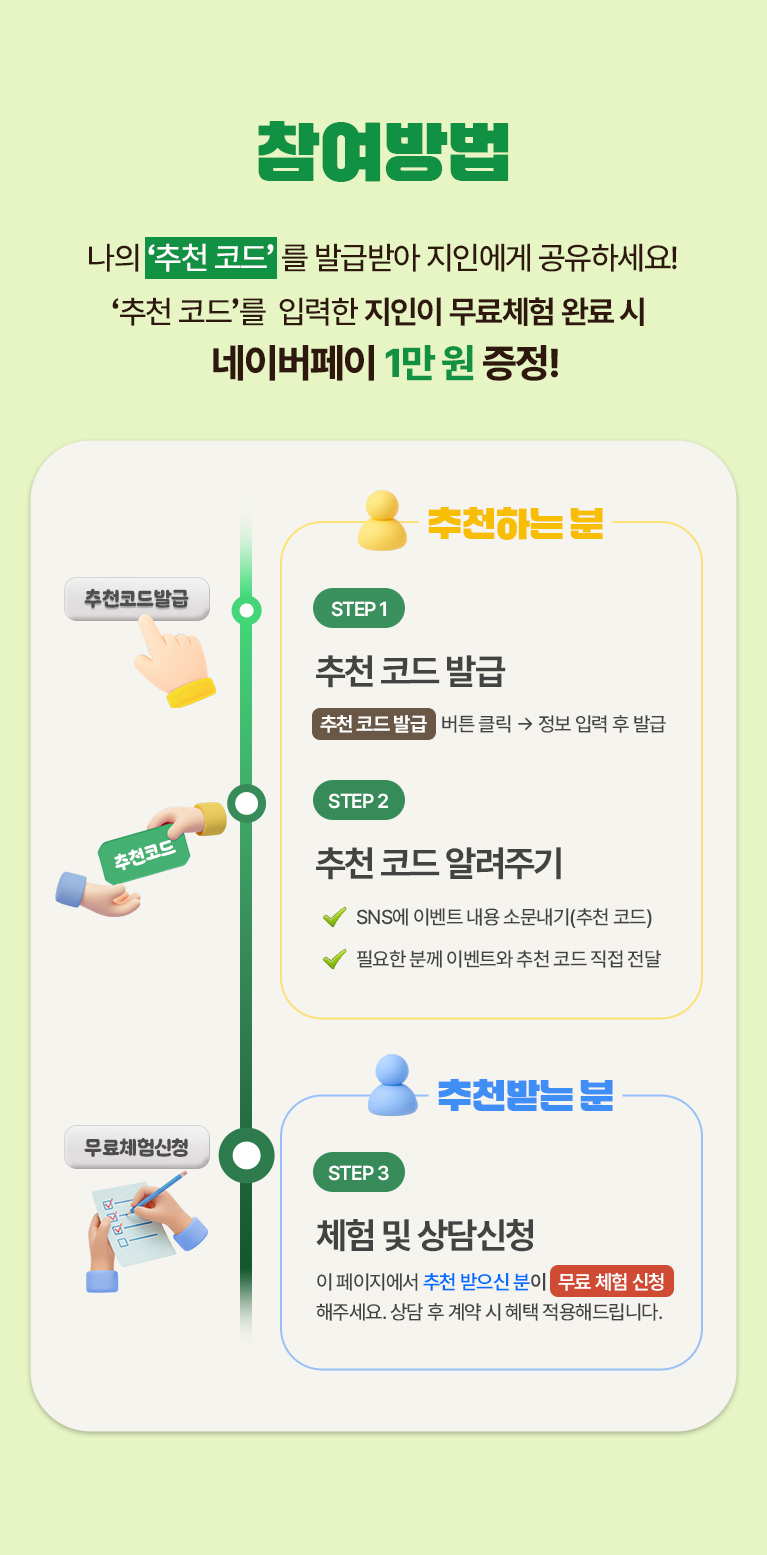 추천하는 지인의 정보를 입력해 주세요.추천 받은 지인이 무료체험 또는 계약을 완료하면 혜택을 받으실 수 있습니다.