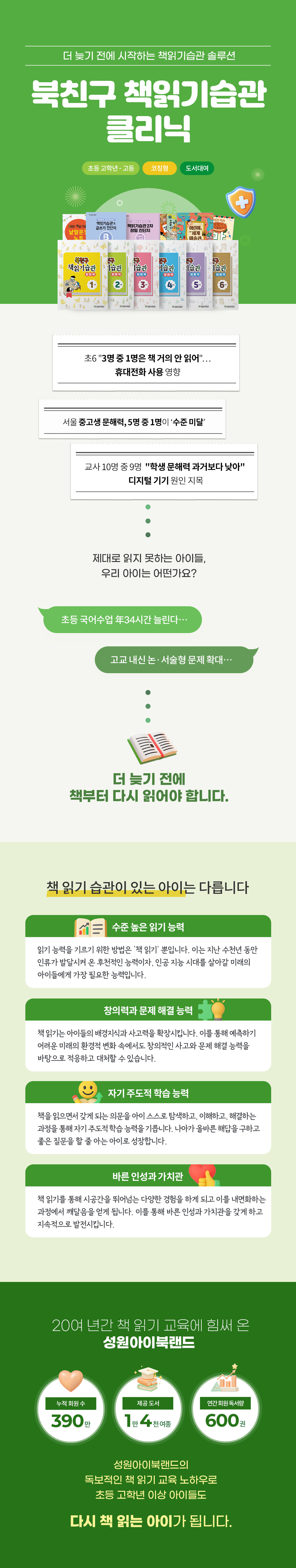 성원아이북랜드 북친구 책읽기습관 클리닉 메인 - 초등 고학년부터 고등 대상 맞춤형 독서 습관 교정 및 책 읽기 습관 회복 프로그램 안내. 디지털 기기 과몰입, 문해력 저하, 논·서술형 문제 확대 등 독서 부진 문제 진단 및 책 읽기 습관 회복의 필요성 강조. 수준 높은 읽기 능력, 창의적 문제해결력, 자기주도 학습 능력, 바른 인성 형성 효과 및 20여 년 노하우 신뢰 데이터(누적 회원 390만 명, 제공 도서 1만 4천여 종, 연간 회원 독서량 600만 권) 안내