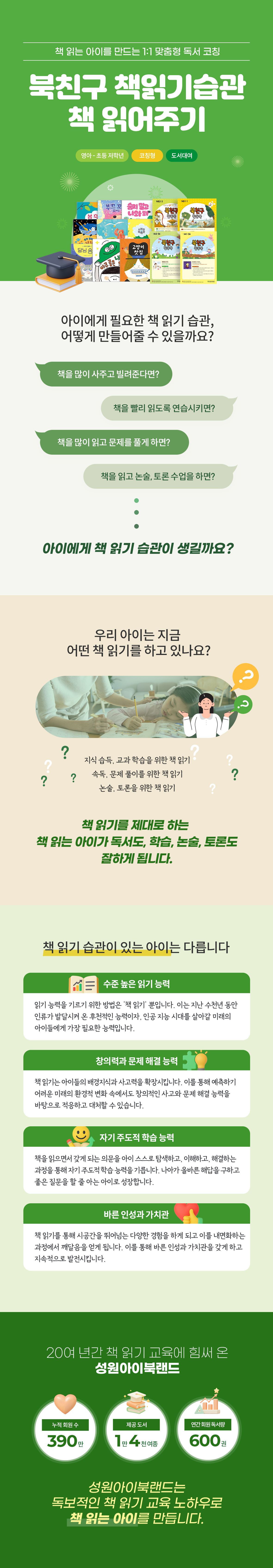 성원아이북랜드 북친구 책읽기습관 책 읽어주기 메인 - 영아부터 초등 저학년 대상 1:1 맞춤형 방문 독서 코칭 프로그램 안내. 책 읽기 습관이 있는 아이의 특징으로 수준 높은 읽기 능력, 창의력과 문제해결 능력, 자기주도적 학습 능력, 바른 인성과 가치관을 소개. 성원아이북랜드의 20여 년 독서교육 노하우와 누적 회원 390만 명, 제공 도서 1만 4천여 종, 연간 회원 독서량 600만 권 안내.