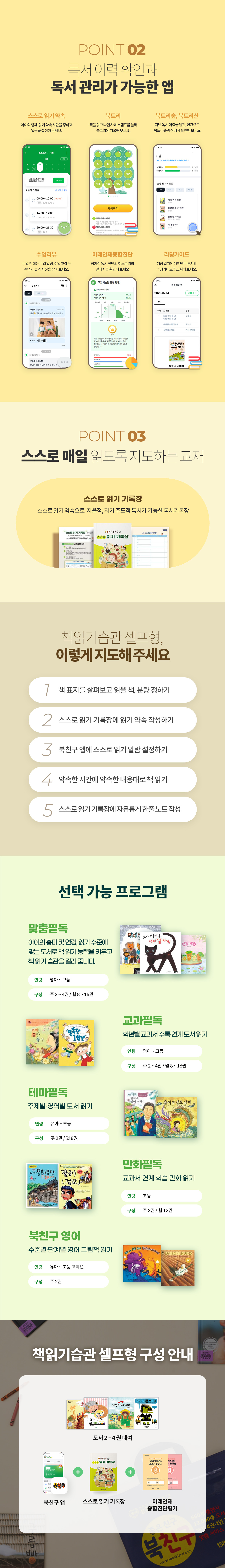 POINT 02 독서 이력 확인과 독서 관리가 가능한 북친구 App 소개 및 POINT 03 스스로 매일 읽는 셀프 독서기록장 활용법. 책읽기습관 셀프형 5단계 지도법과 선택 가능 프로그램인 맞춤필독, 교과필독, 테마필독, 만화필독, 북친구 영어를 소개.  셀프형 제품은 매주 도서 2~4권 대여, 북친구 앱, 스스로 읽기 기록장, 미래인재 종합 진단평가로 구성.